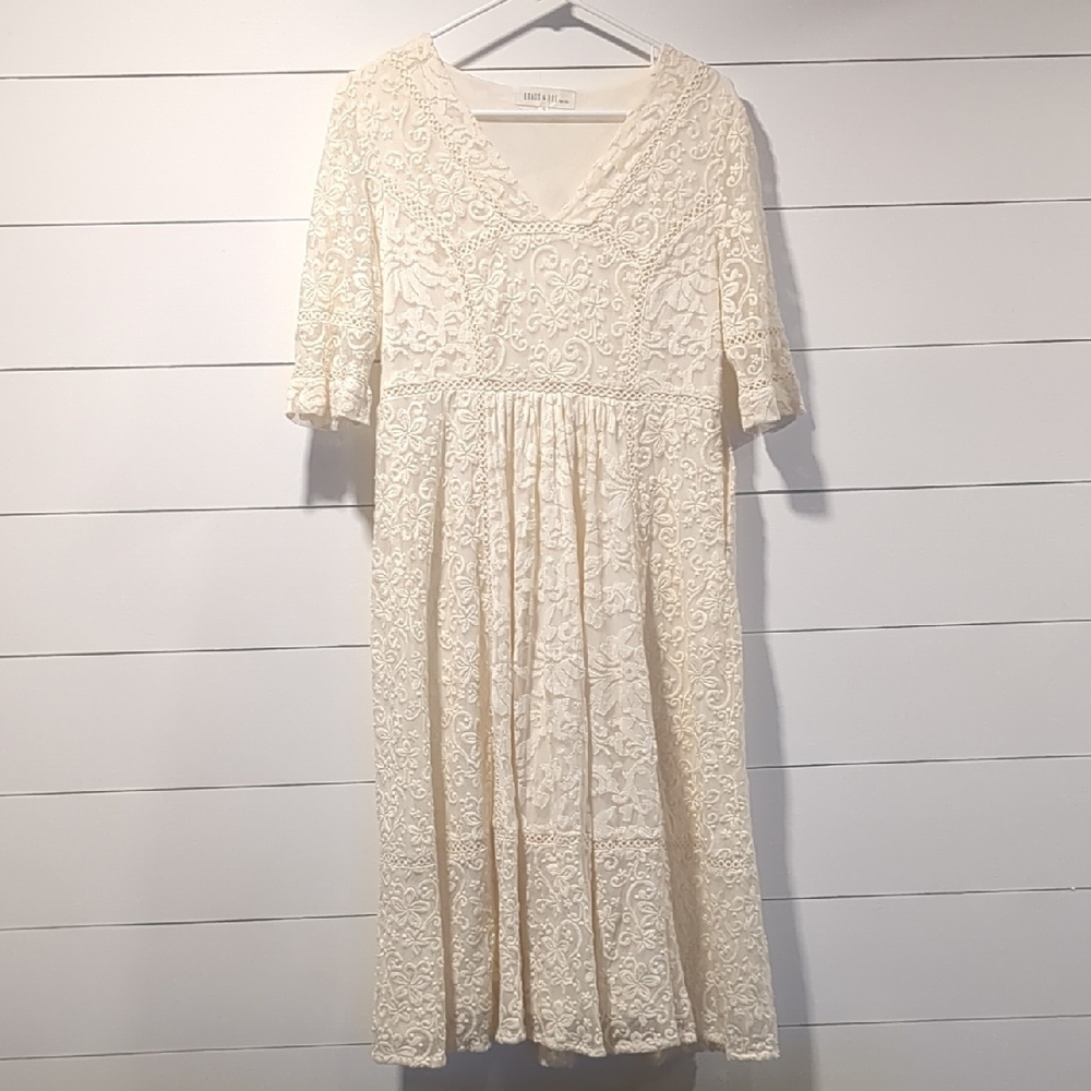 Cream Midi Sundress V-neck 3/4 Sleeve Wedding